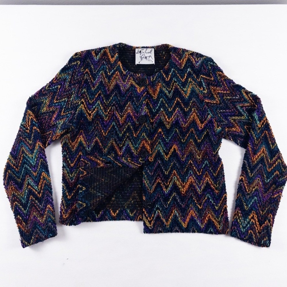 Vintage Michael Simon Cardigan Womens Small Multi Chevron Chenille Art To Wear
